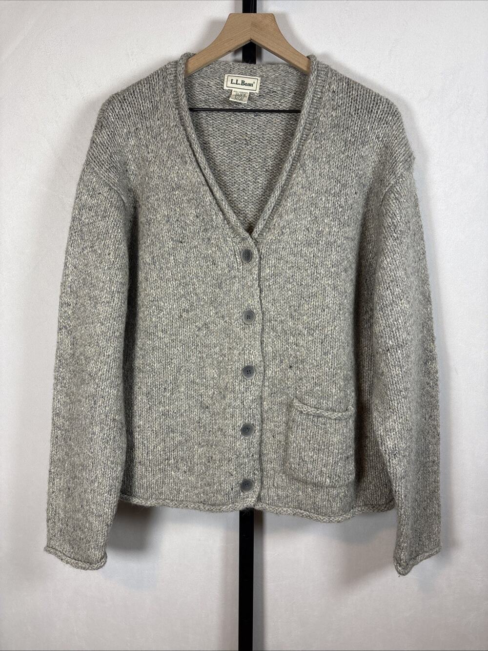 L.L.Bean Thick Knit Wool Cardigan Womens XL Gray Vintage Boxy Mohair Cozy Pocket